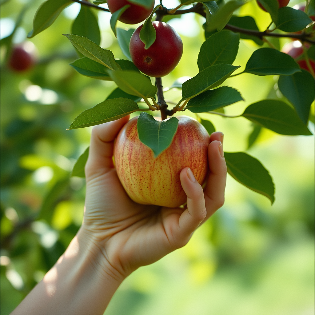hand picking an apple from a tree